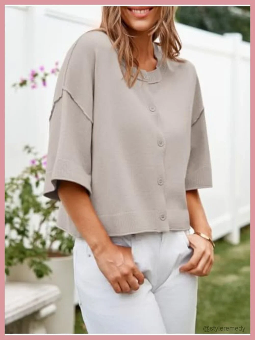 Oversized Cropped Half Sleeve Cardigan Button Front Loose Fit Knit Sweater